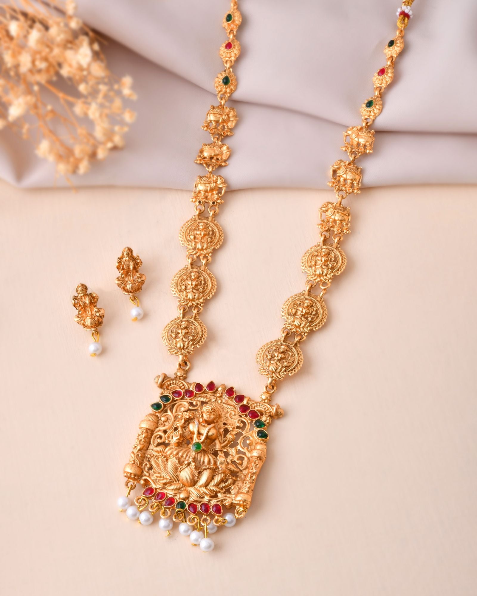 Jewels Nest Gold-Tone Lakshmi Temple Long Necklace Set With Earrings - Distacart