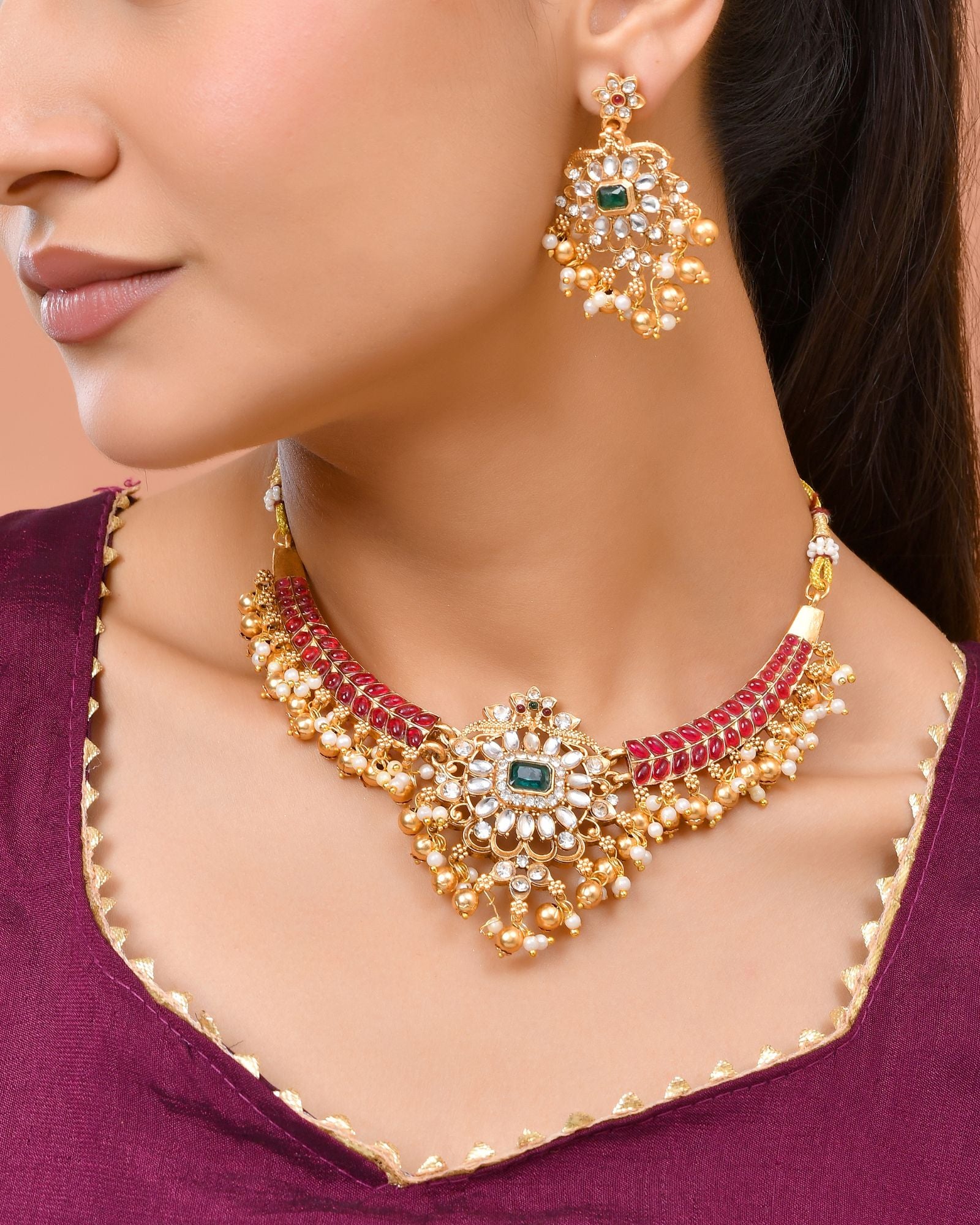 Jewels Nest Gold-Tone Kundan Choker Necklace Set With Red Stones & Pearl Drops - Distacart