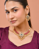 Thumbnail for Jewels Nest Gold-Tone Kundan Choker Necklace Set With Red Stones & Pearl Drops - Distacart
