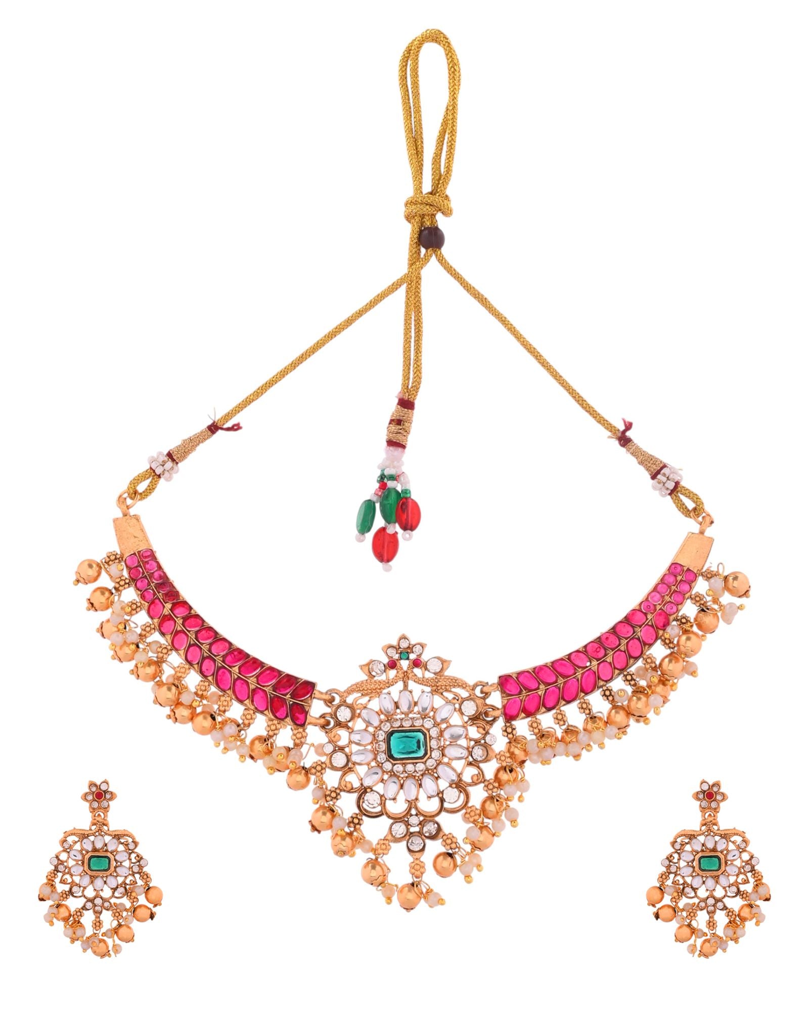 Jewels Nest Gold-Tone Kundan Choker Necklace Set With Red Stones & Pearl Drops - Distacart