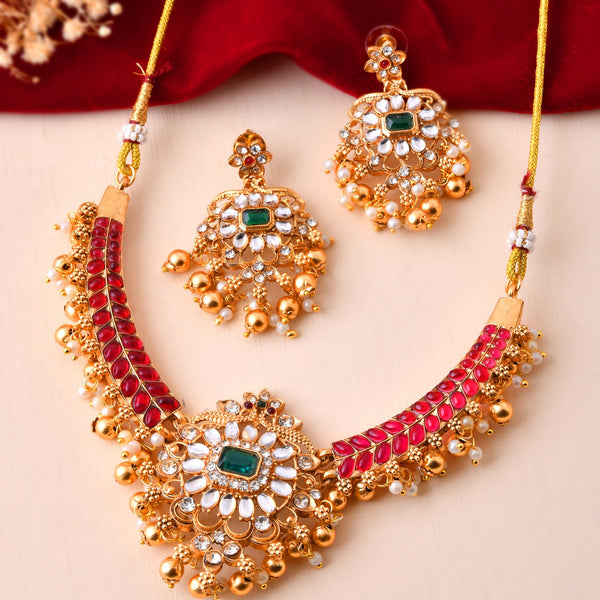 Jewels Nest Gold-Tone Kundan Choker Necklace Set With Red Stones & Pearl Drops - Distacart