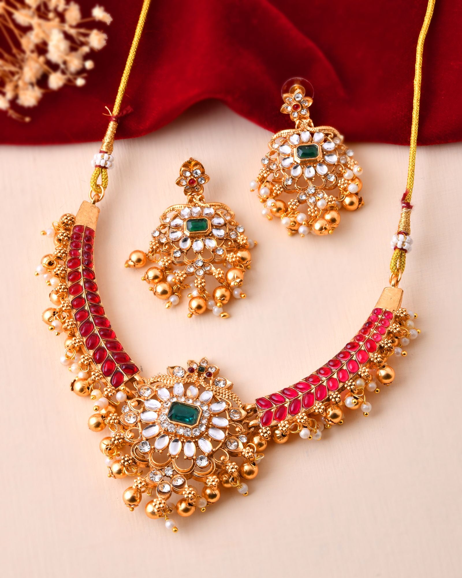 Jewels Nest Gold-Tone Kundan Choker Necklace Set With Red Stones & Pearl Drops - Distacart