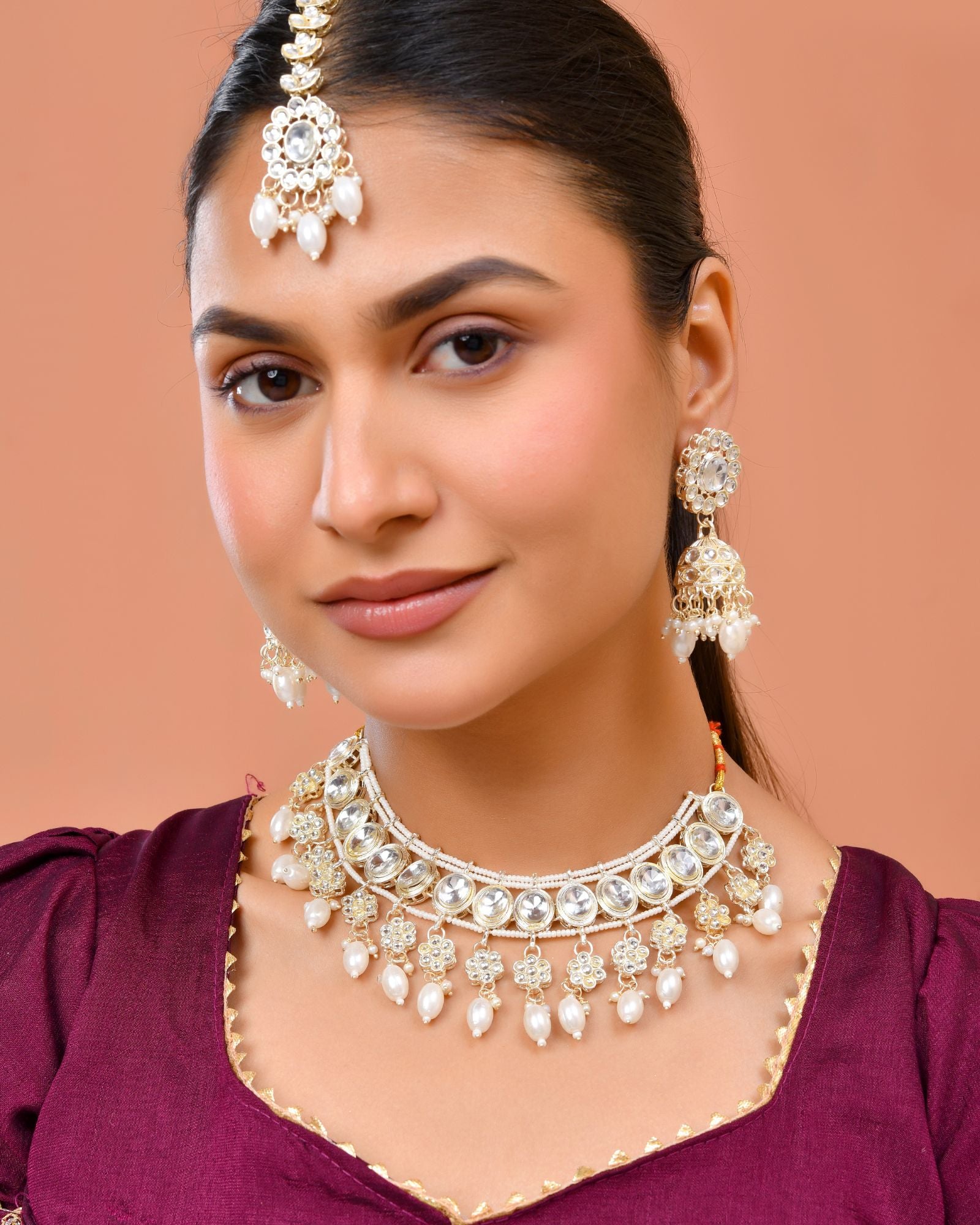Jewels Nest Gold-Tone Kundan Choker Necklace Set With Pearl Drops & Maang Tikka - Distacart