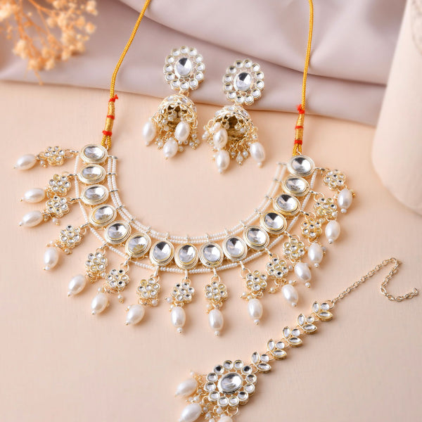 Jewels Nest Gold-Tone Kundan Choker Necklace Set With Pearl Drops & Maang Tikka - Distacart
