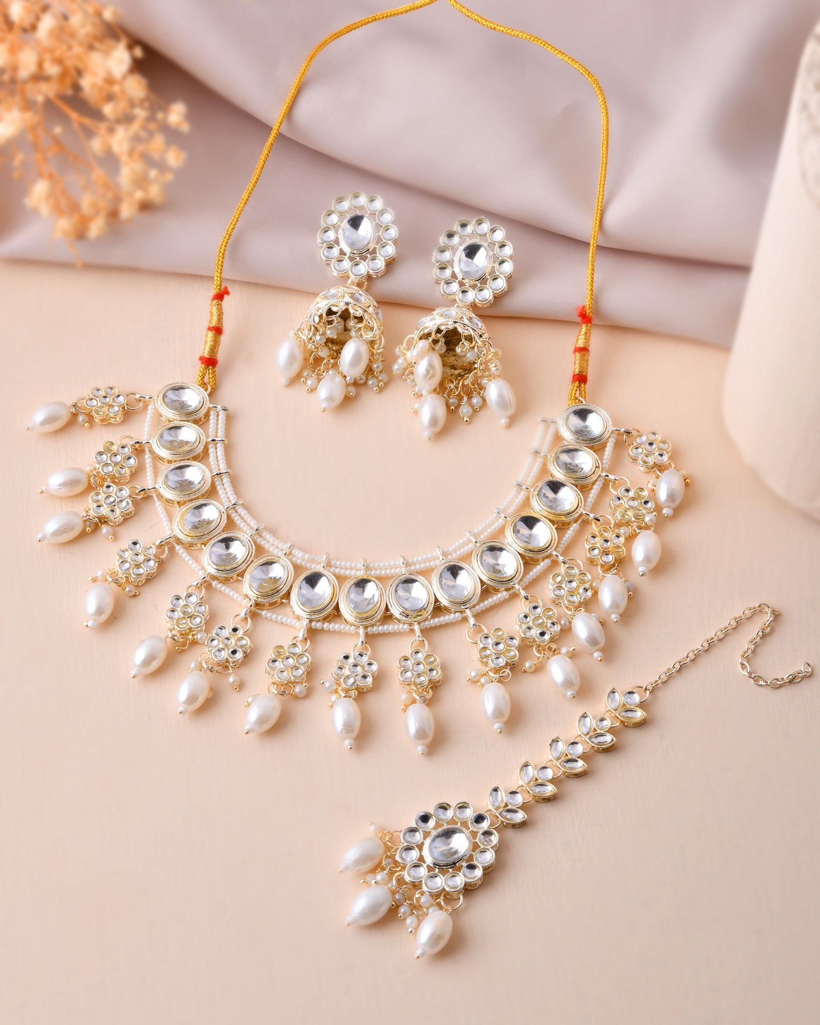 Jewels Nest Gold-Tone Kundan Choker Necklace Set With Pearl Drops & Maang Tikka - Distacart