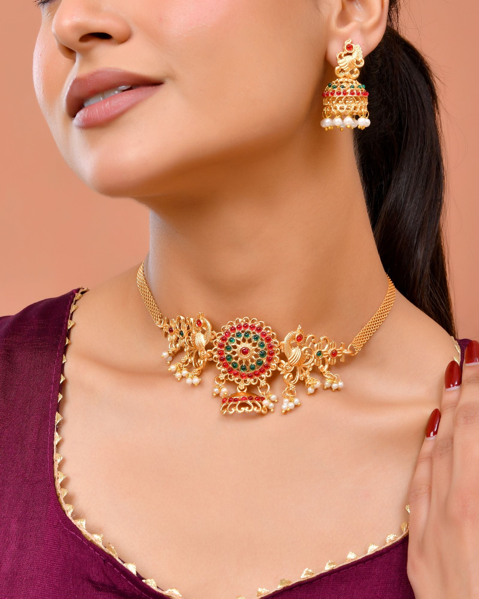 Jewels Nest Gold-Tone Kundan Peacock Pendant Necklace With Jhumka Earrings - Distacart