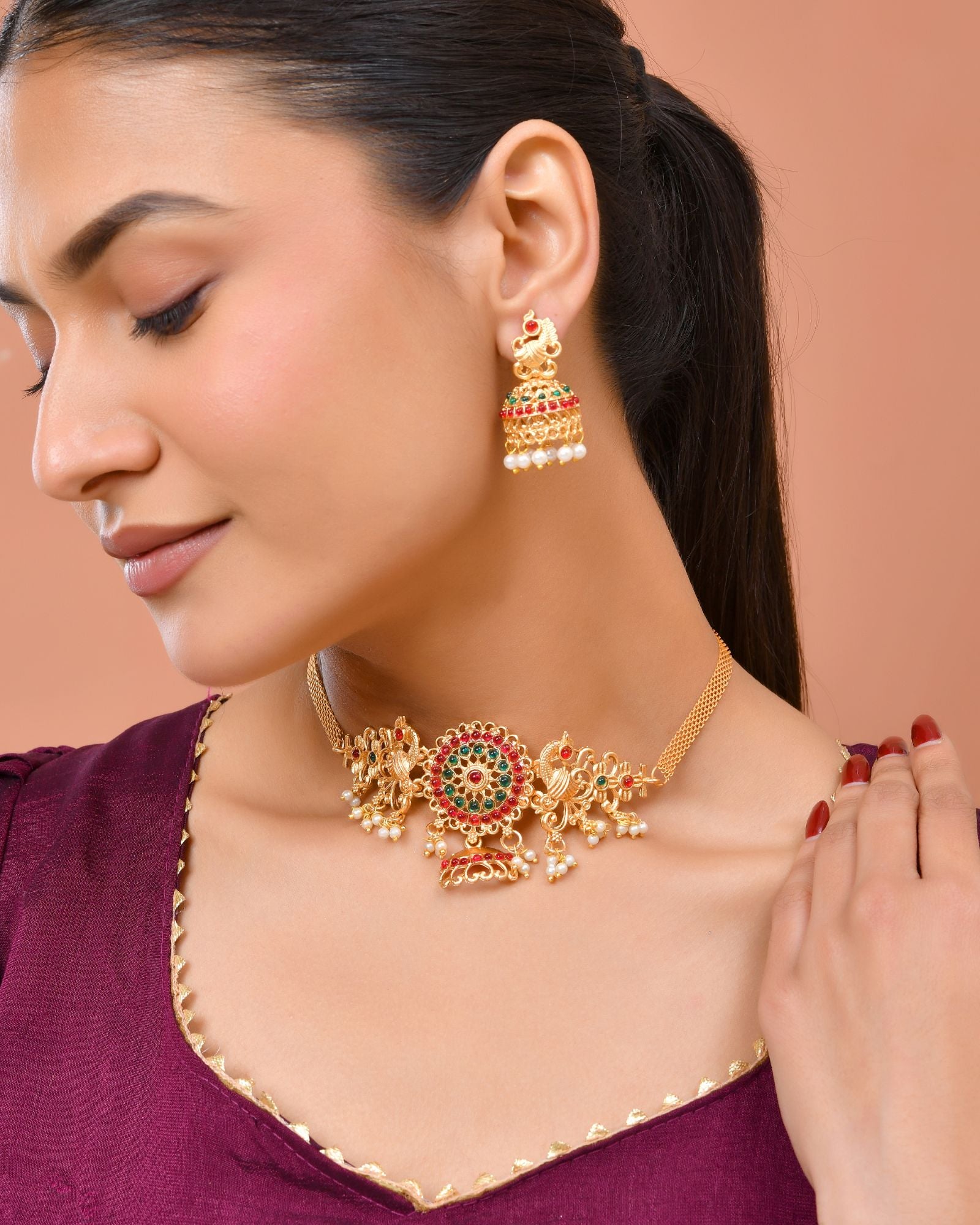 Jewels Nest Gold-Tone Kundan Peacock Pendant Necklace With Jhumka Earrings - Distacart