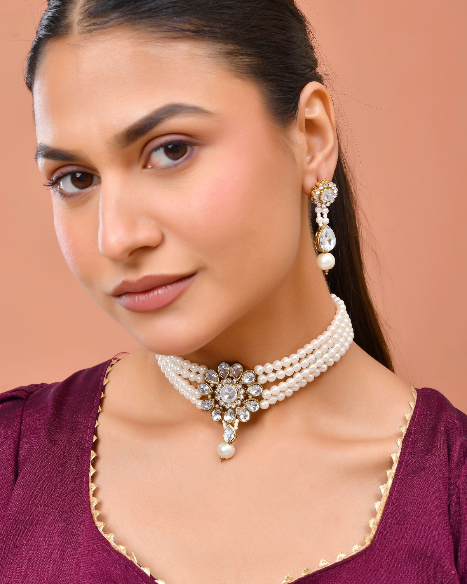 Jewels Nest Gold-Tone Pearl Choker Necklace With Stone Pendant And Earrings - Distacart