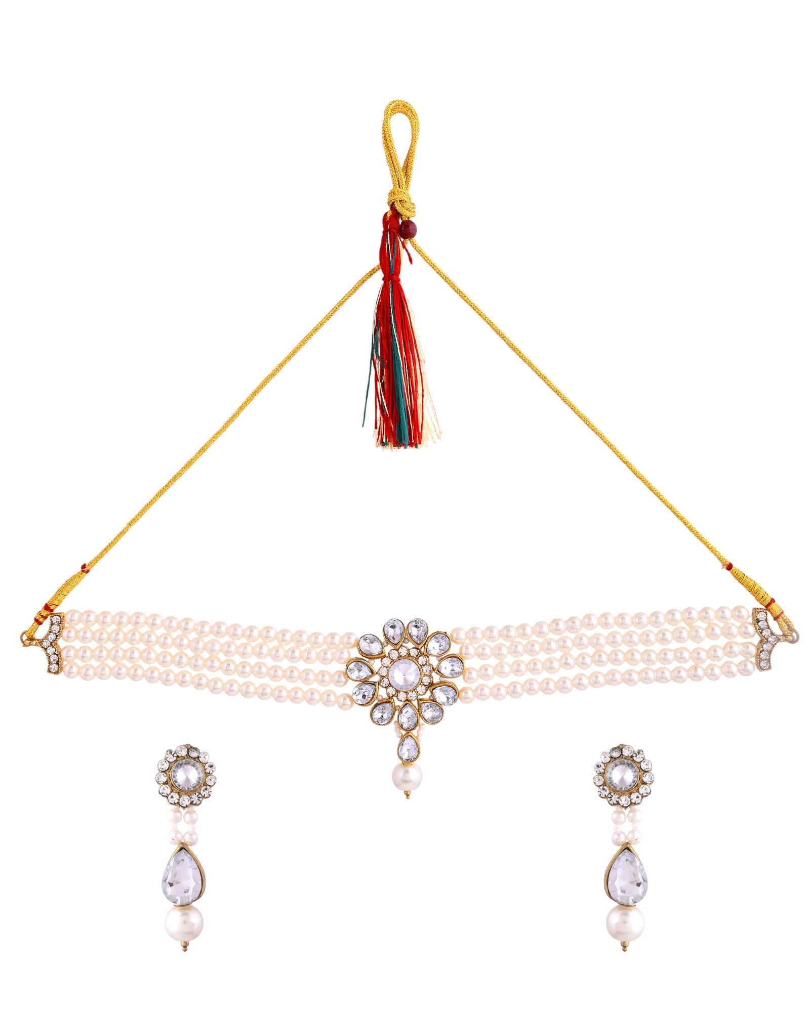 Jewels Nest Gold-Tone Pearl Choker Necklace With Stone Pendant And Earrings - Distacart