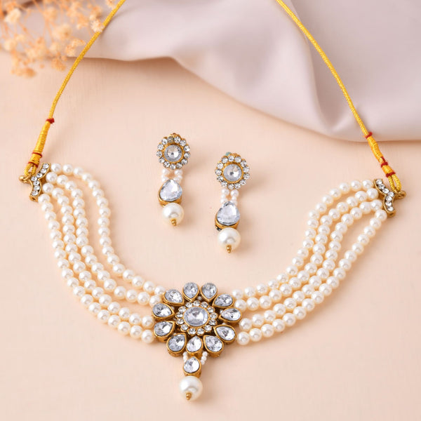 Jewels Nest Gold-Tone Pearl Choker Necklace With Stone Pendant And Earrings - Distacart