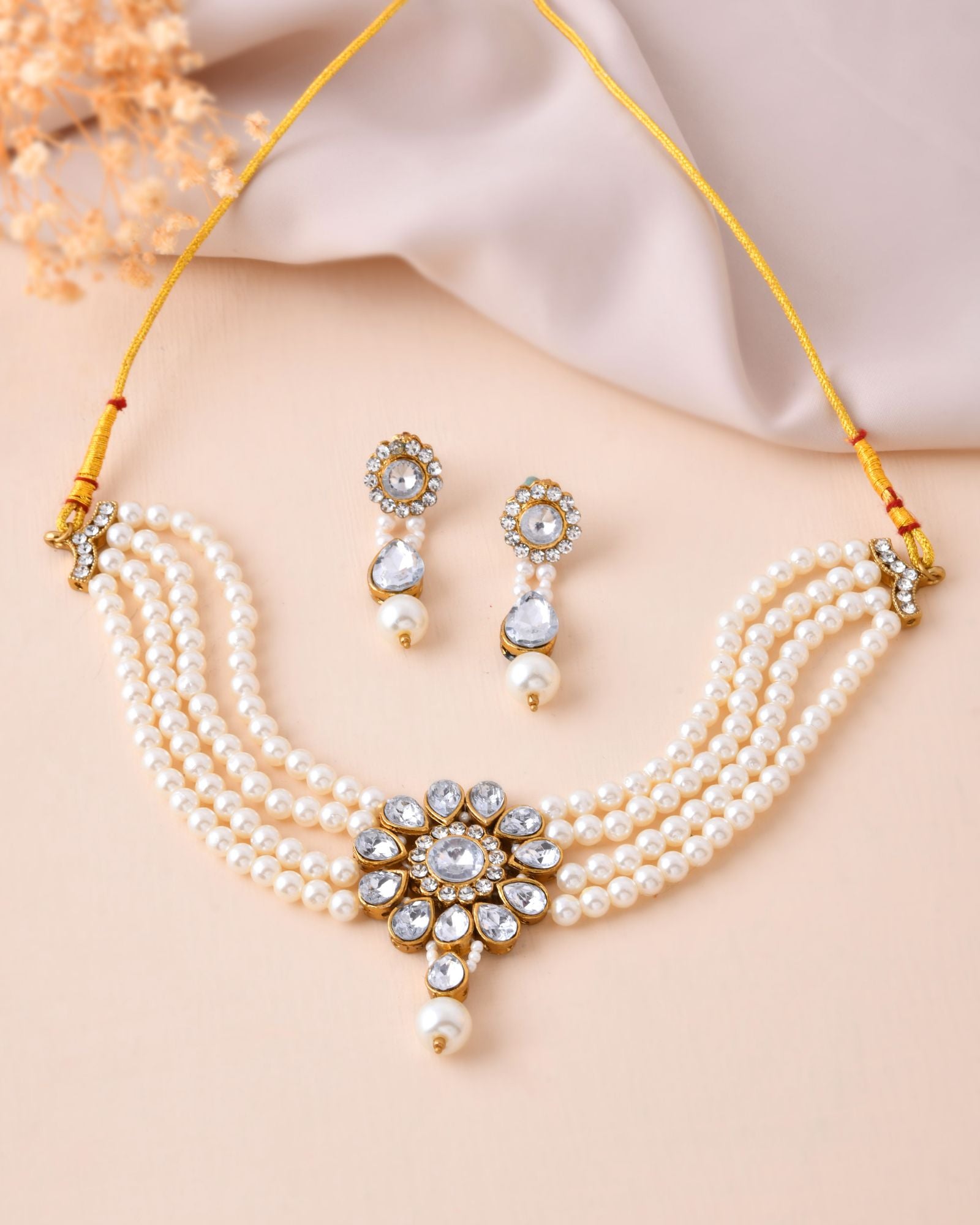 Jewels Nest Gold-Tone Pearl Choker Necklace With Stone Pendant And Earrings - Distacart