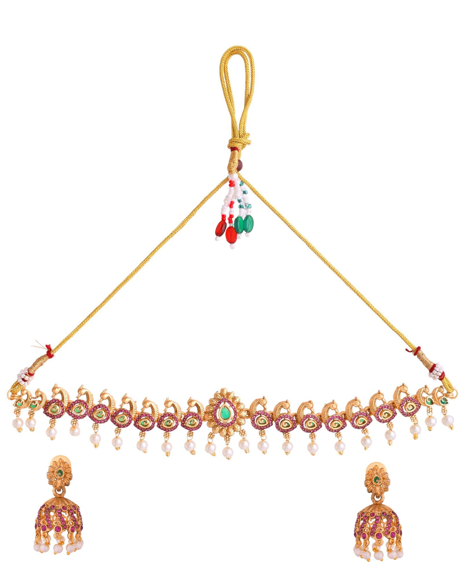 Jewels Nest Gold-Tone Peacock Motif Choker Necklace With Pearl Drops And Jhumka Earrings - Distacart