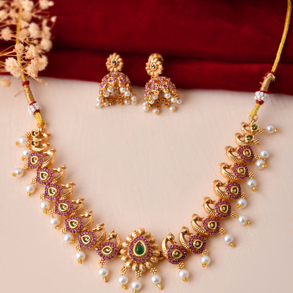 Jewels Nest Gold-Tone Peacock Motif Choker Necklace With Pearl Drops And Jhumka Earrings - Distacart