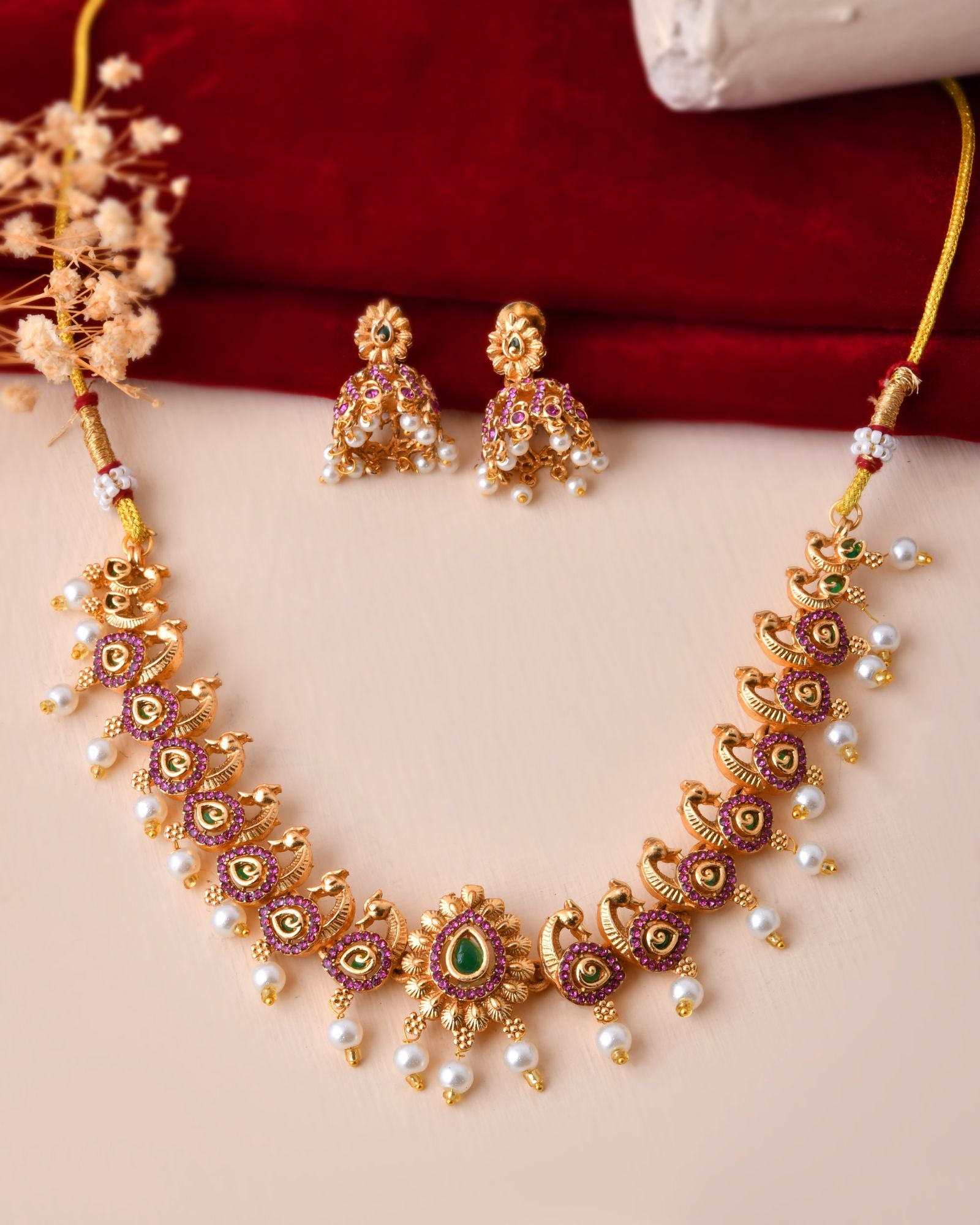 Jewels Nest Gold-Tone Peacock Motif Choker Necklace With Pearl Drops And Jhumka Earrings - Distacart