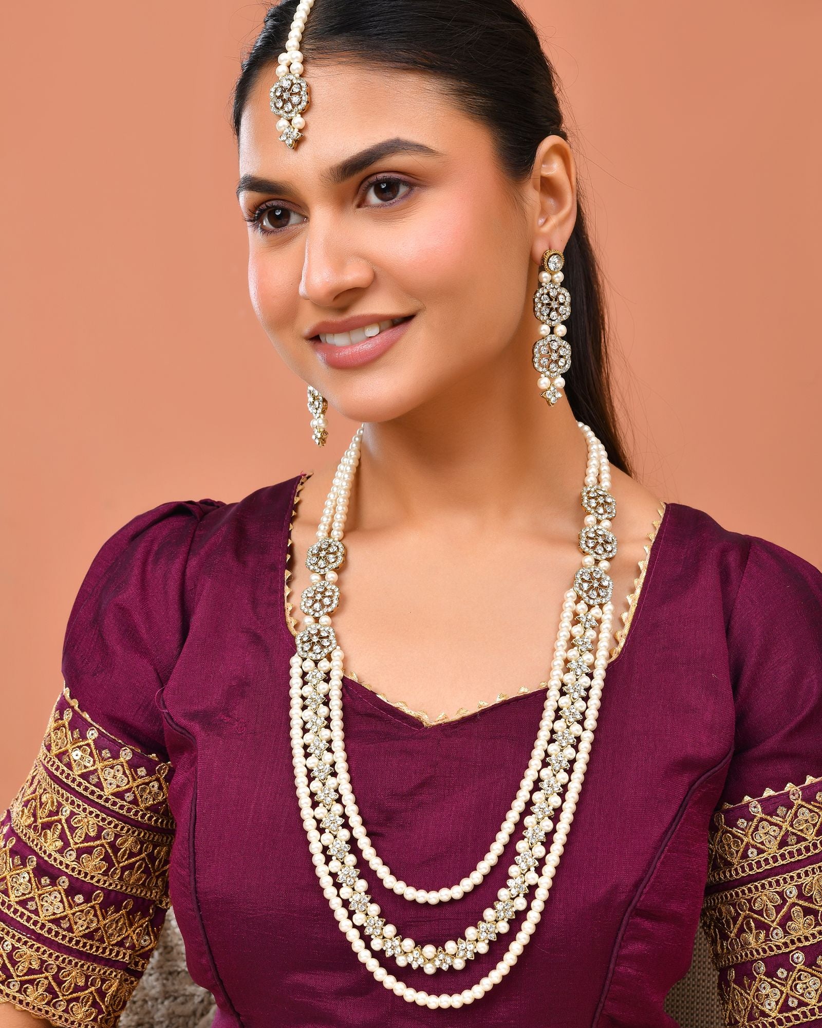 Jewels Nest Gold-Tone Layered Pearl Long Necklace With Crystal Motifs And Drop Earrings - Distacart