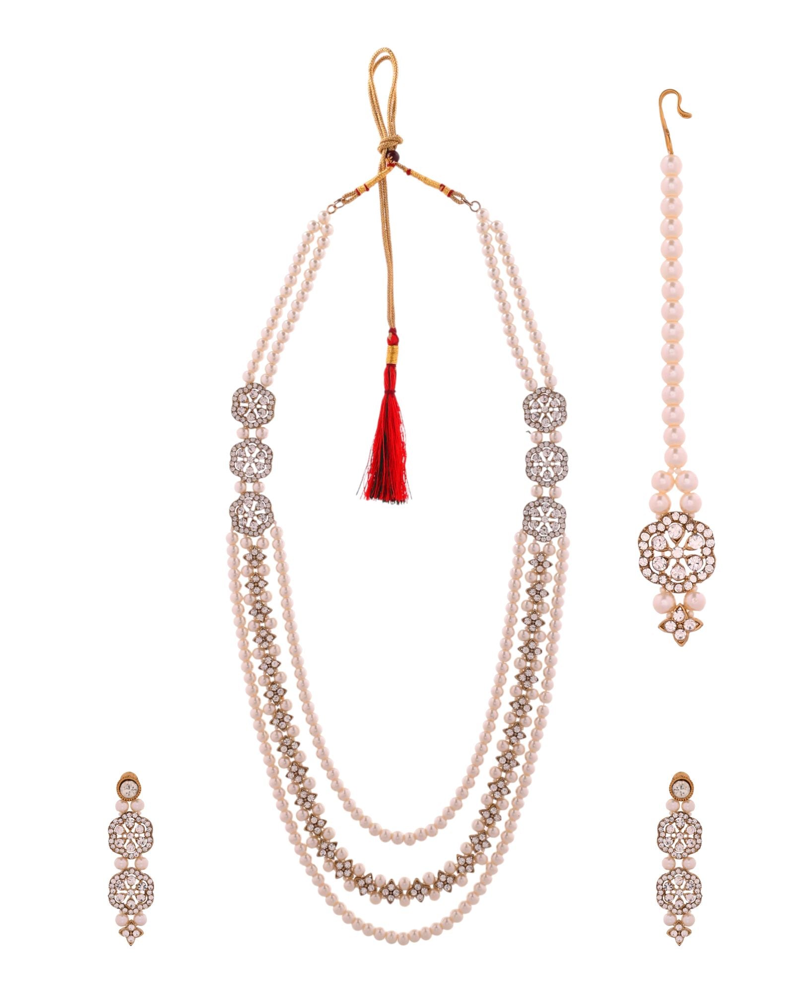 Jewels Nest Gold-Tone Layered Pearl Long Necklace With Crystal Motifs And Drop Earrings - Distacart