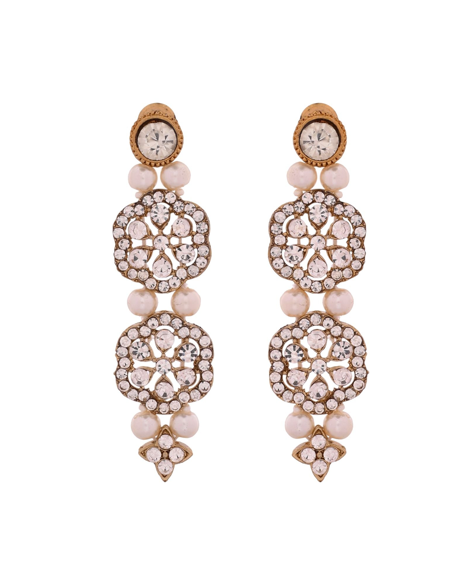 Jewels Nest Gold-Tone Layered Pearl Long Necklace With Crystal Motifs And Drop Earrings - Distacart
