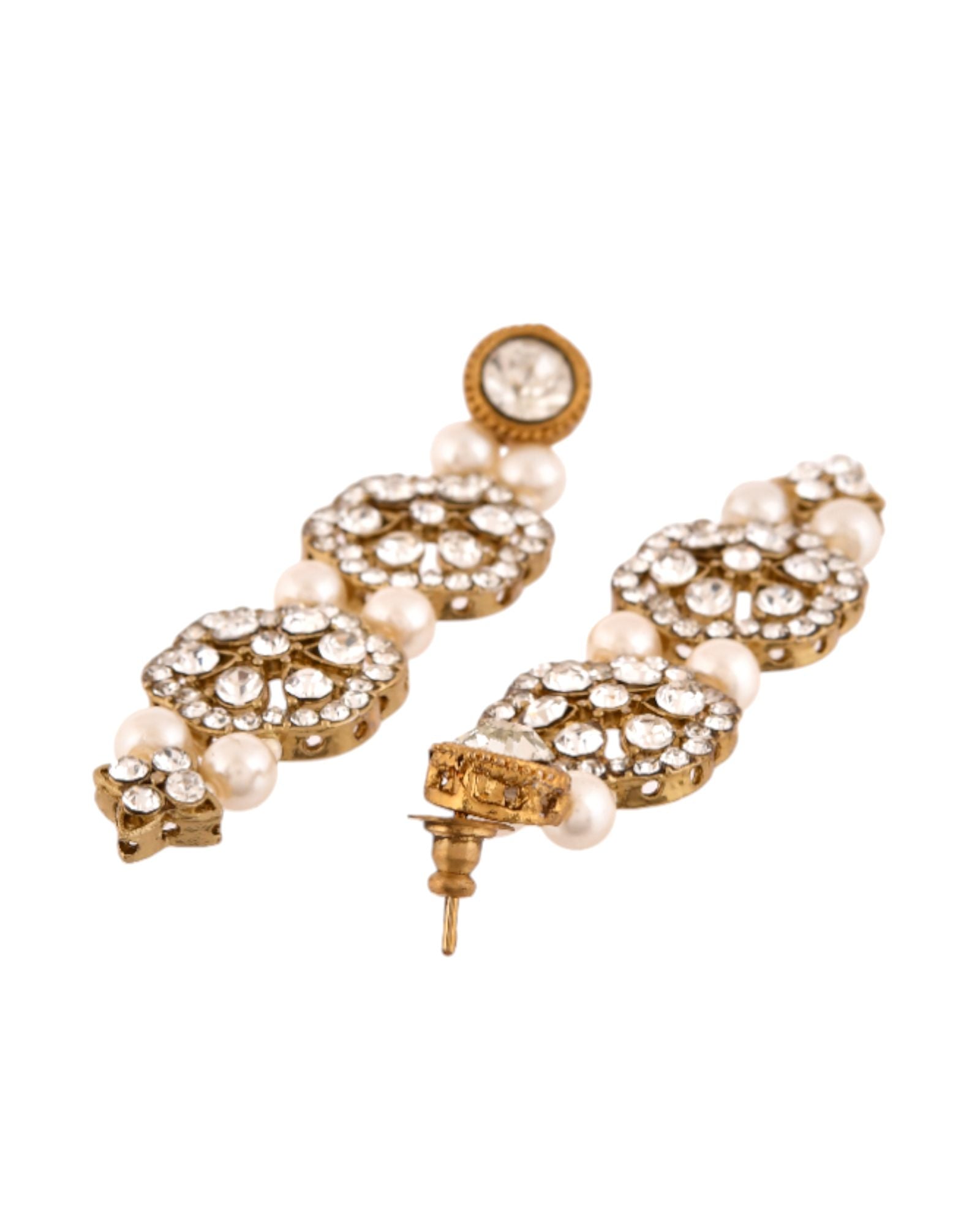 Jewels Nest Gold-Tone Layered Pearl Long Necklace With Crystal Motifs And Drop Earrings - Distacart