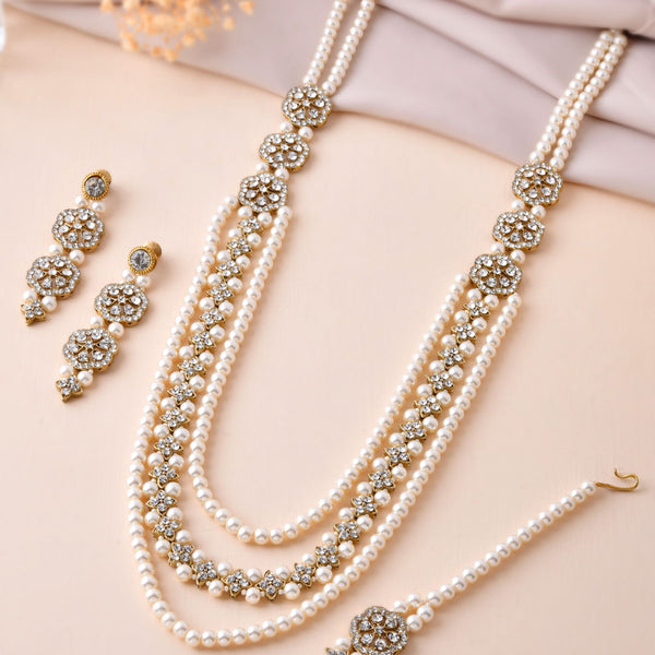 Jewels Nest Gold-Tone Layered Pearl Long Necklace With Crystal Motifs And Drop Earrings - Distacart