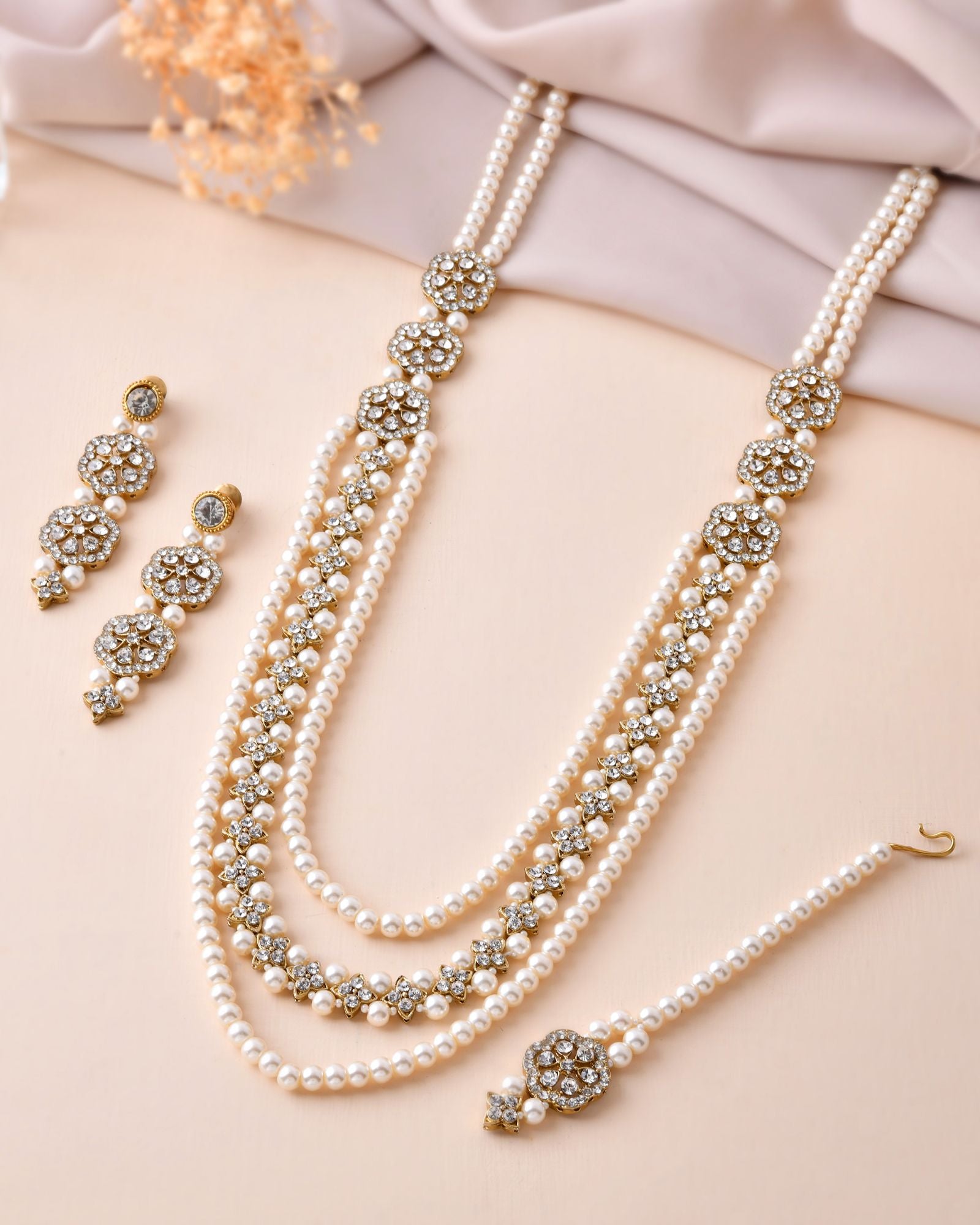 Jewels Nest Gold-Tone Layered Pearl Long Necklace With Crystal Motifs And Drop Earrings - Distacart