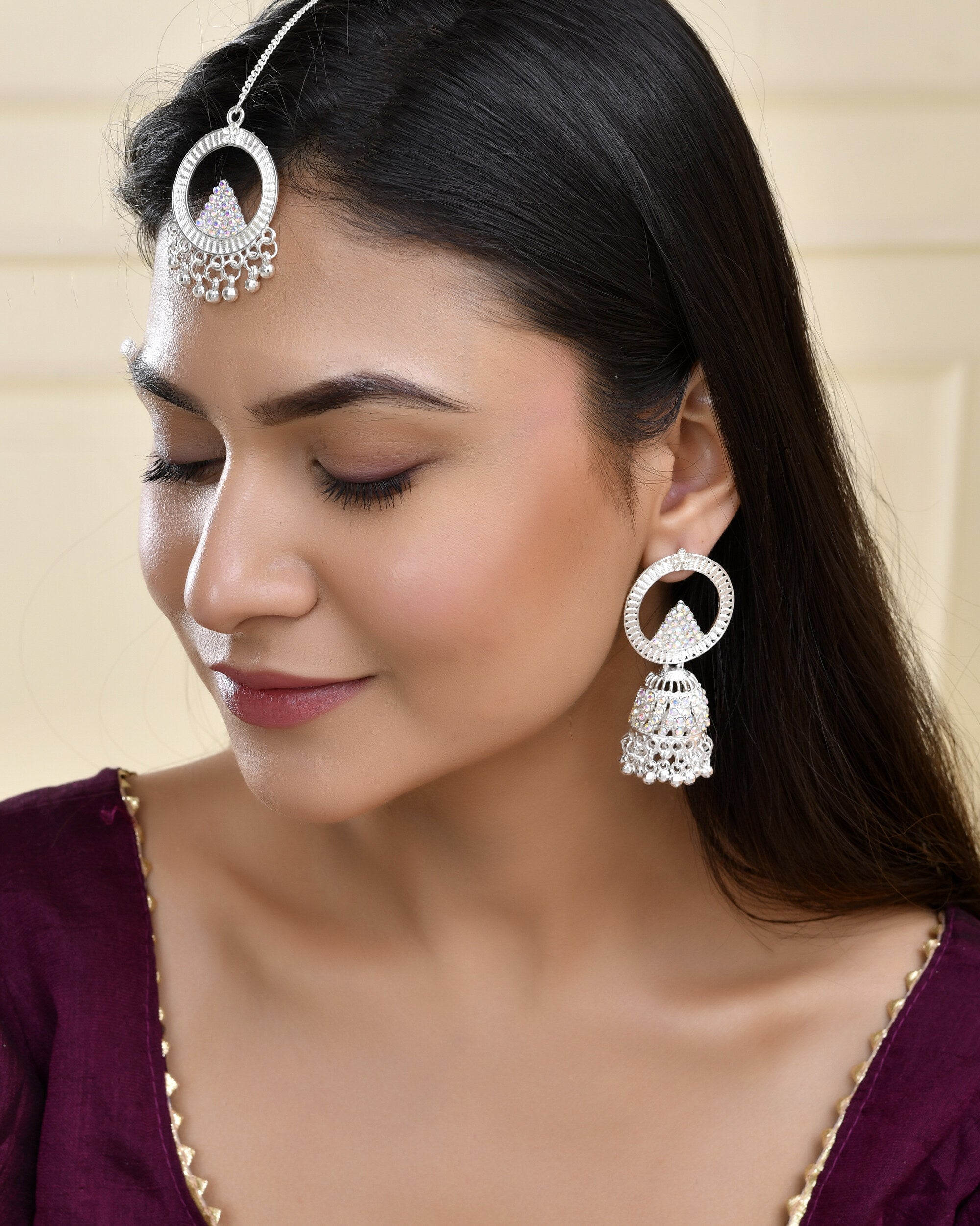 Jewels Nest Silver-Plated Crystal Embellished Jhumka Earrings with Circular Hoops - Distacart