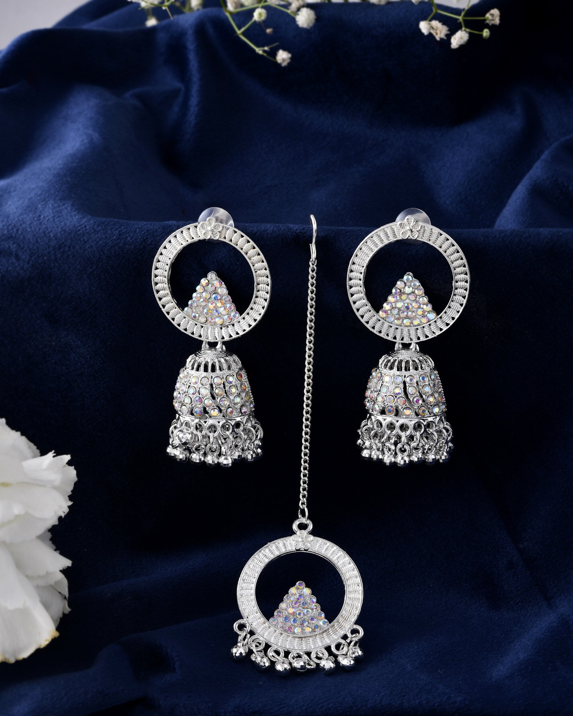 Jewels Nest Silver-Plated Crystal Embellished Jhumka Earrings with Circular Hoops - Distacart
