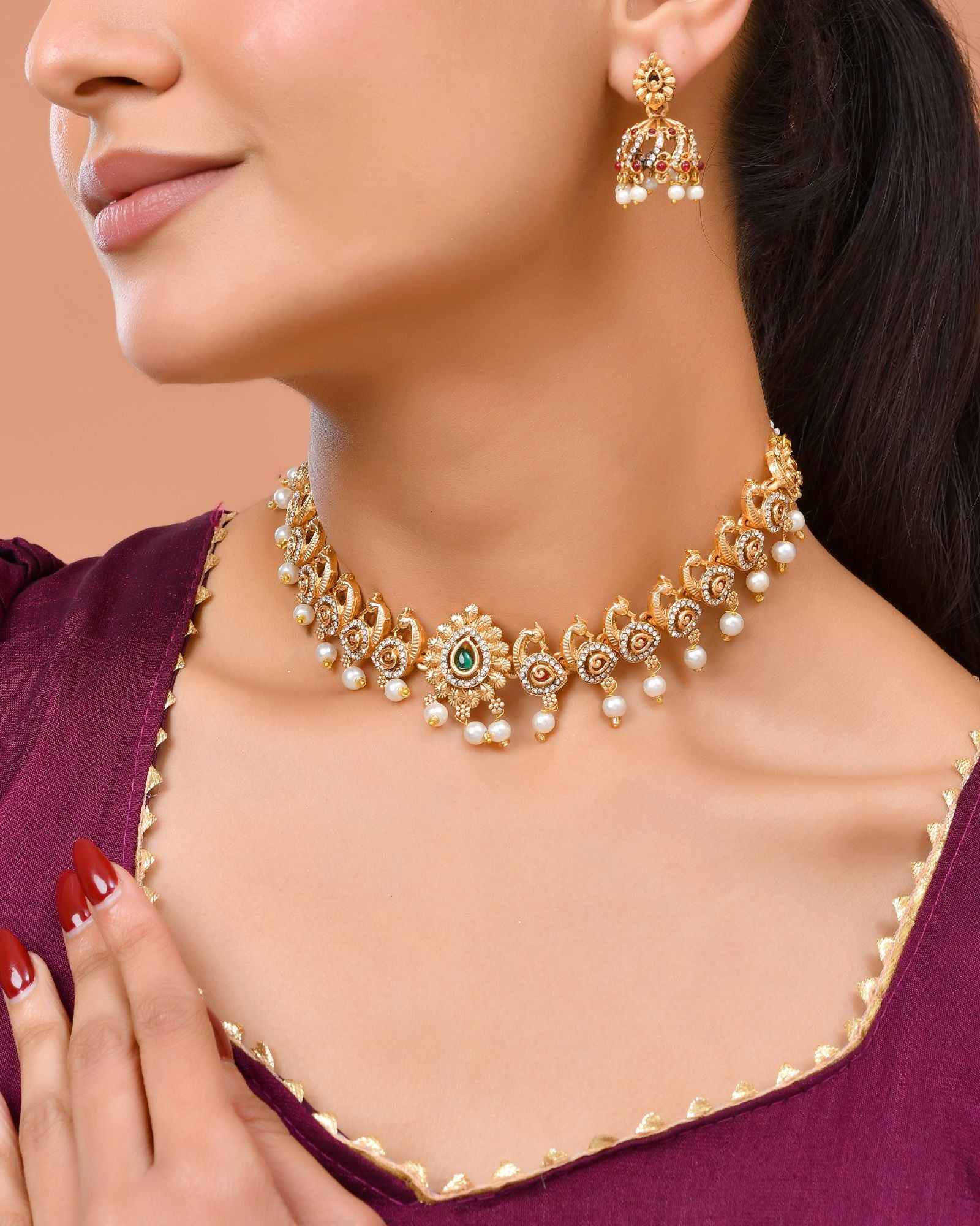 Jewels Nest Gold-Tone Temple Style Necklace With Red Green Stones And Pearl Drop Jhumka Earrings - Distacart