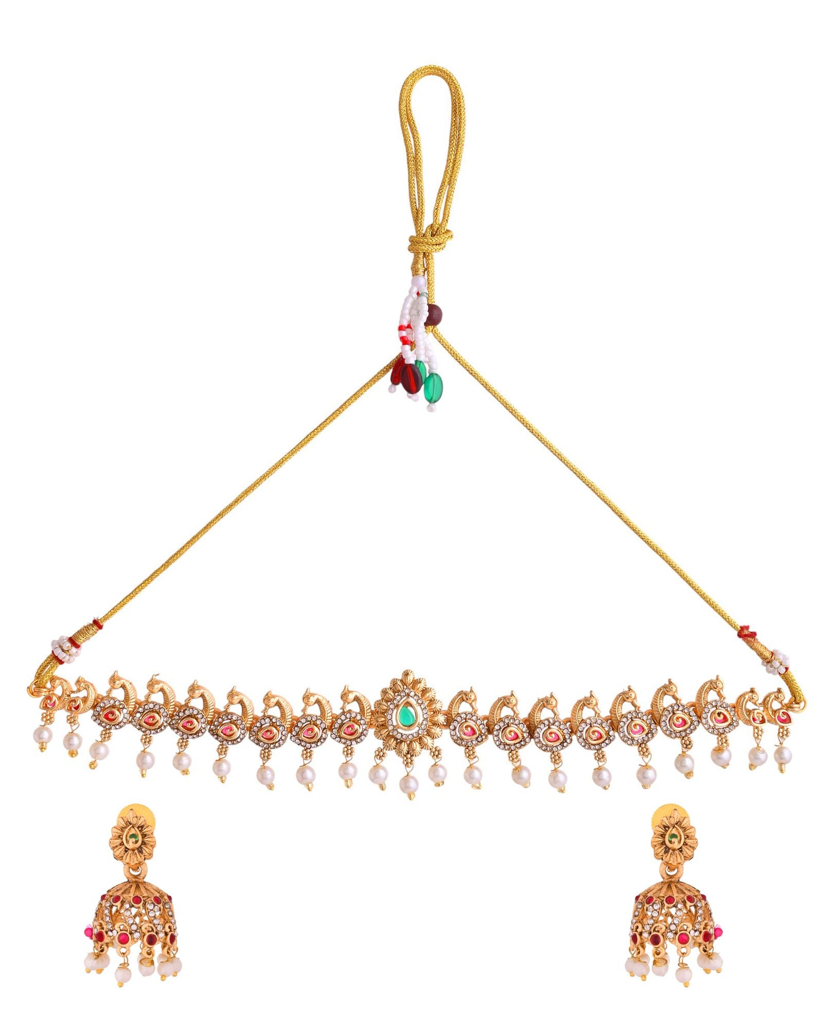 Jewels Nest Gold-Tone Temple Style Necklace With Red Green Stones And Pearl Drop Jhumka Earrings - Distacart