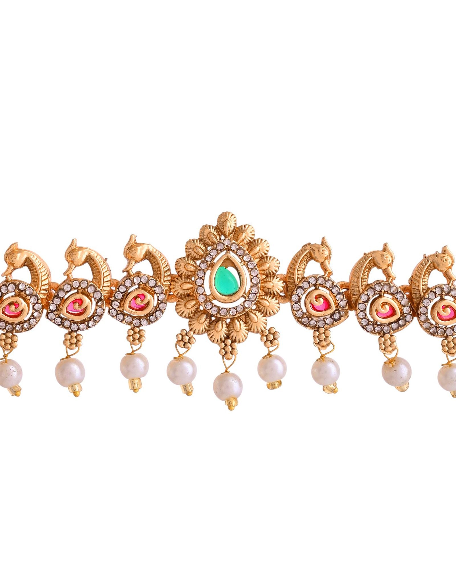 Jewels Nest Gold-Tone Temple Style Necklace With Red Green Stones And Pearl Drop Jhumka Earrings - Distacart