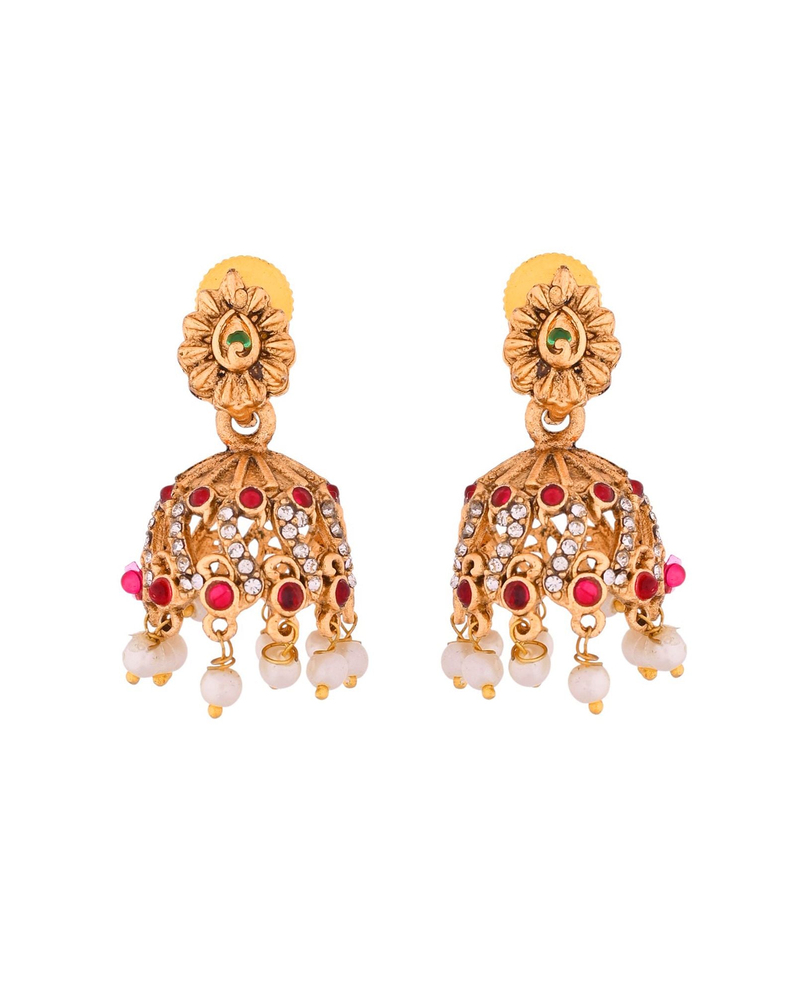 Jewels Nest Gold-Tone Temple Style Necklace With Red Green Stones And Pearl Drop Jhumka Earrings - Distacart