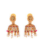 Thumbnail for Jewels Nest Gold-Tone Temple Style Necklace With Red Green Stones And Pearl Drop Jhumka Earrings - Distacart