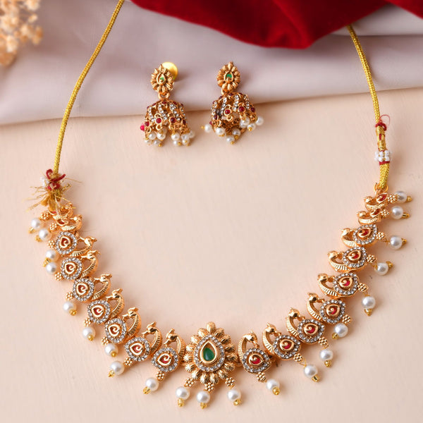 Jewels Nest Gold-Tone Temple Style Necklace With Red Green Stones And Pearl Drop Jhumka Earrings - Distacart