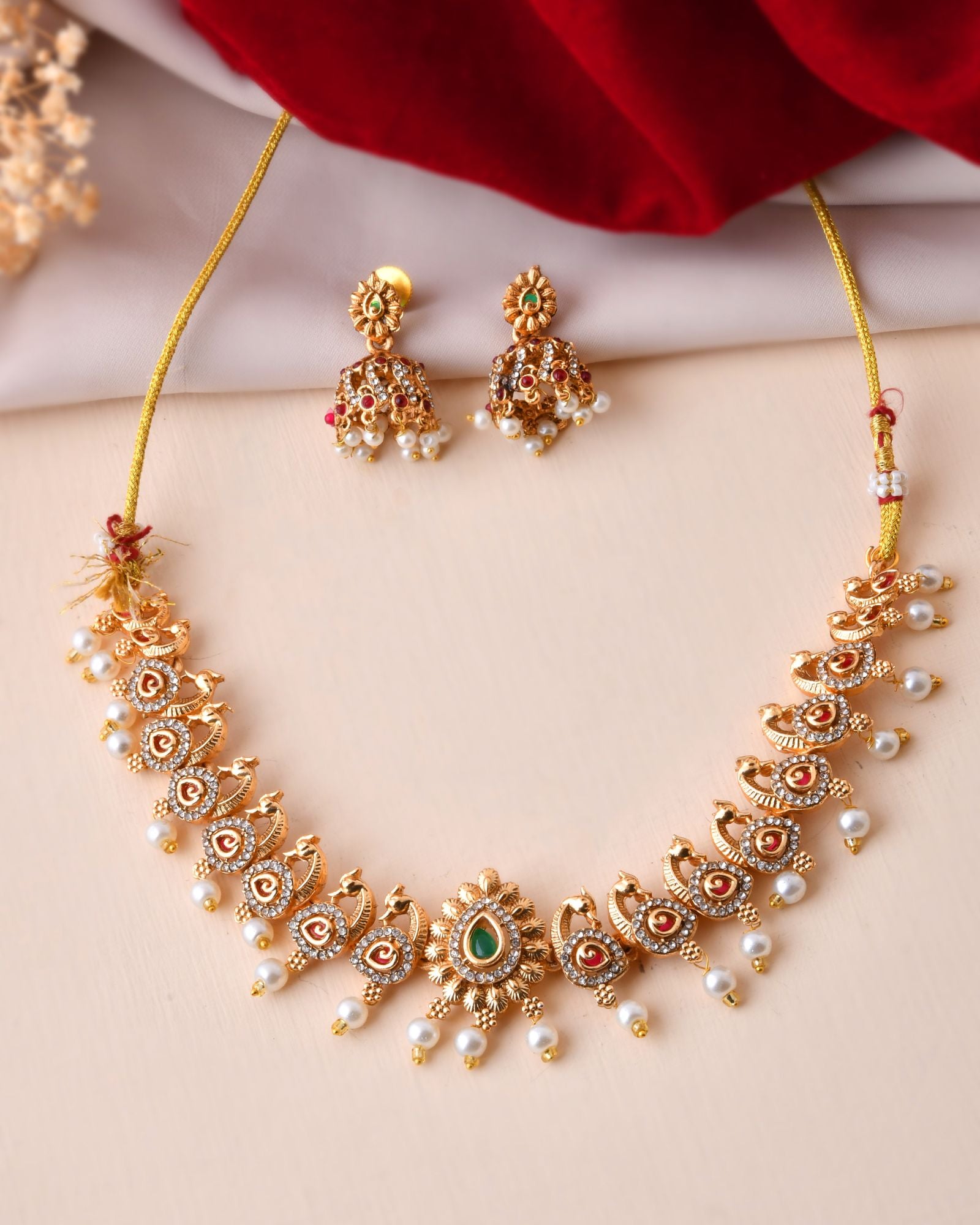 Jewels Nest Gold-Tone Temple Style Necklace With Red Green Stones And Pearl Drop Jhumka Earrings - Distacart