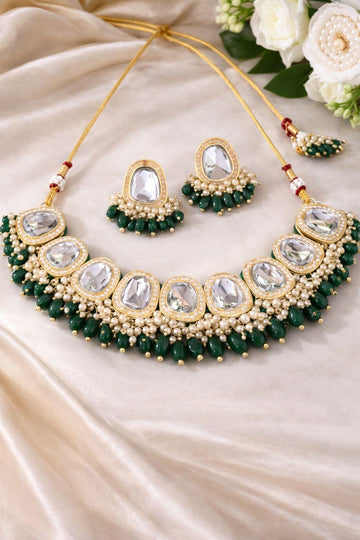 Jewels Nest Gold-Tone Kundan Necklace Set With Green Beads And Pearl Drop Earrings - Distacart