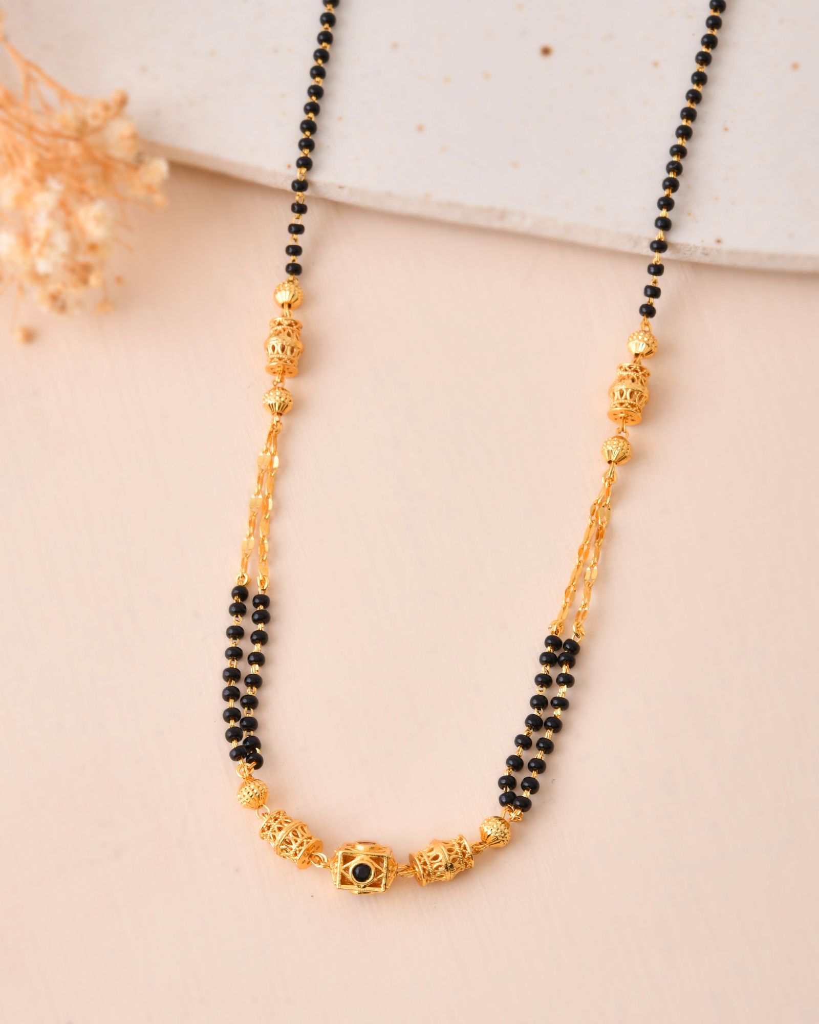 Jewels Nest Gold-Tone Black Beaded Mangalsutra Necklace With Filigree Center Design - Distacart