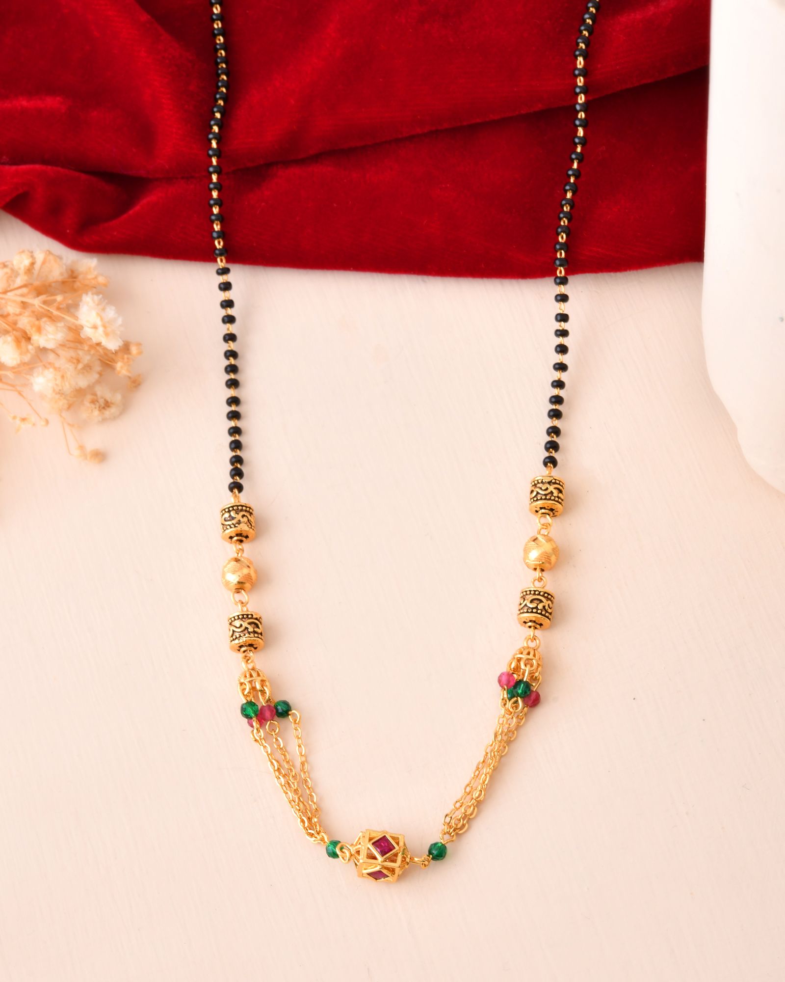 Jewels Nest Gold-Plated Black Beads Mangalsutra With Dual Chain & Stone Accent - Distacart