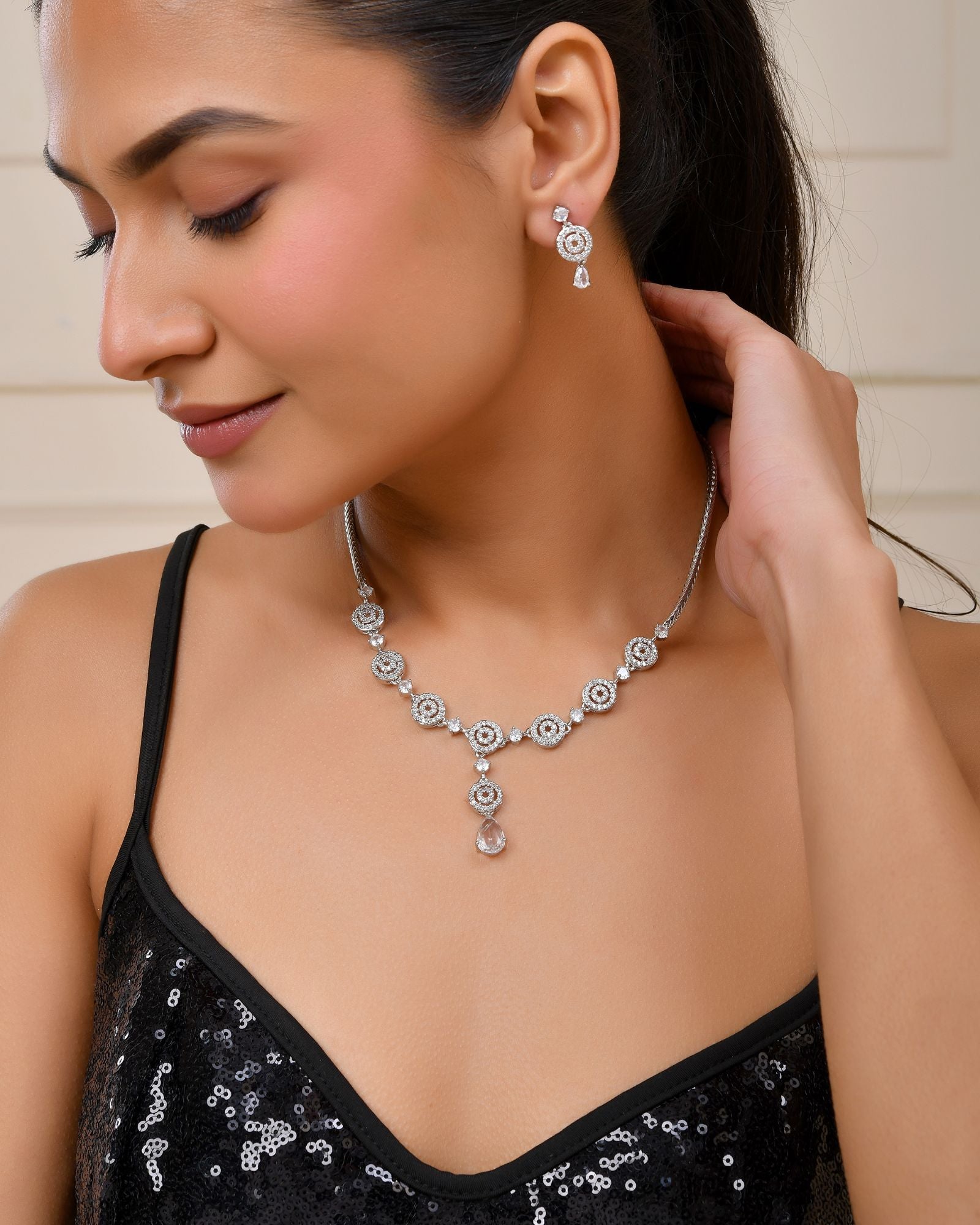 Jewels Nest Silver-Plated And Crystal Drop Necklace Set With Matching Earrings - Distacart