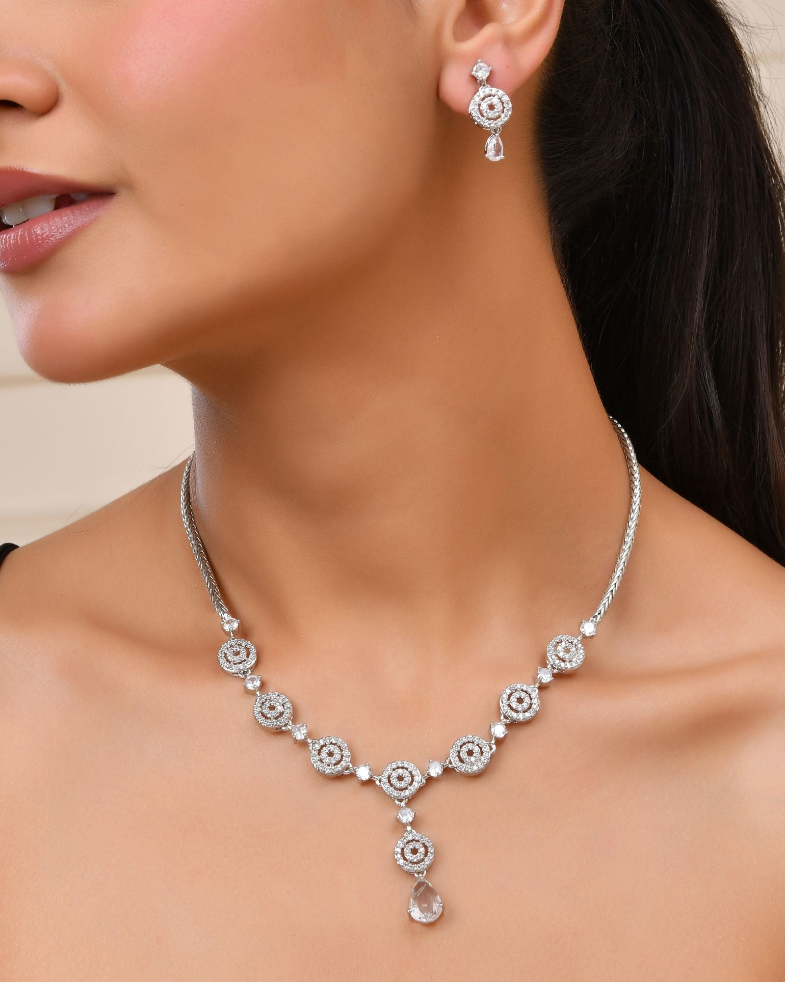 Jewels Nest Silver-Plated And Crystal Drop Necklace Set With Matching Earrings - Distacart