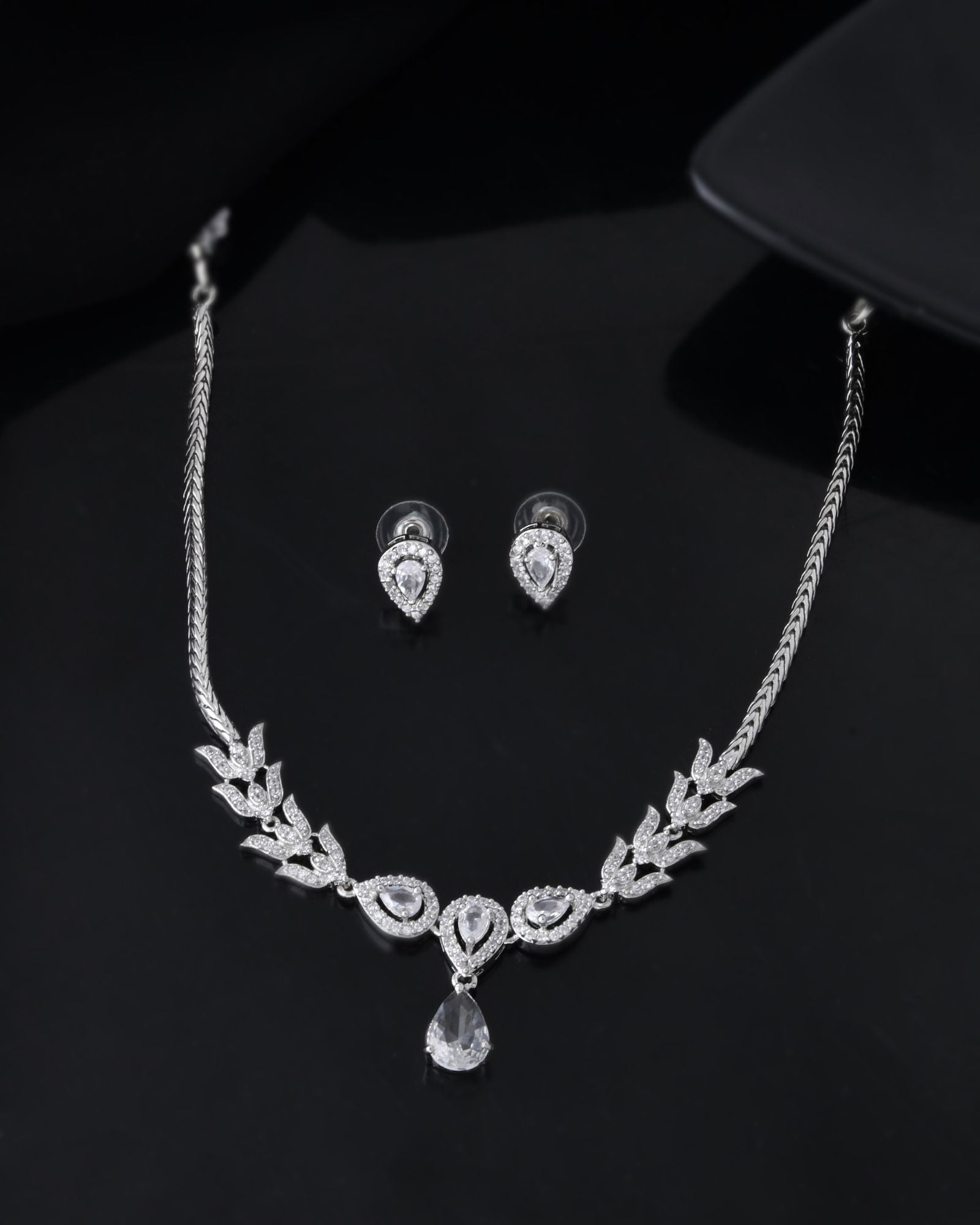 Jewels Nest Silver-Plated American Diamond (Ad) Necklace Set With Teardrop Pendant & Matching Earrings - Distacart