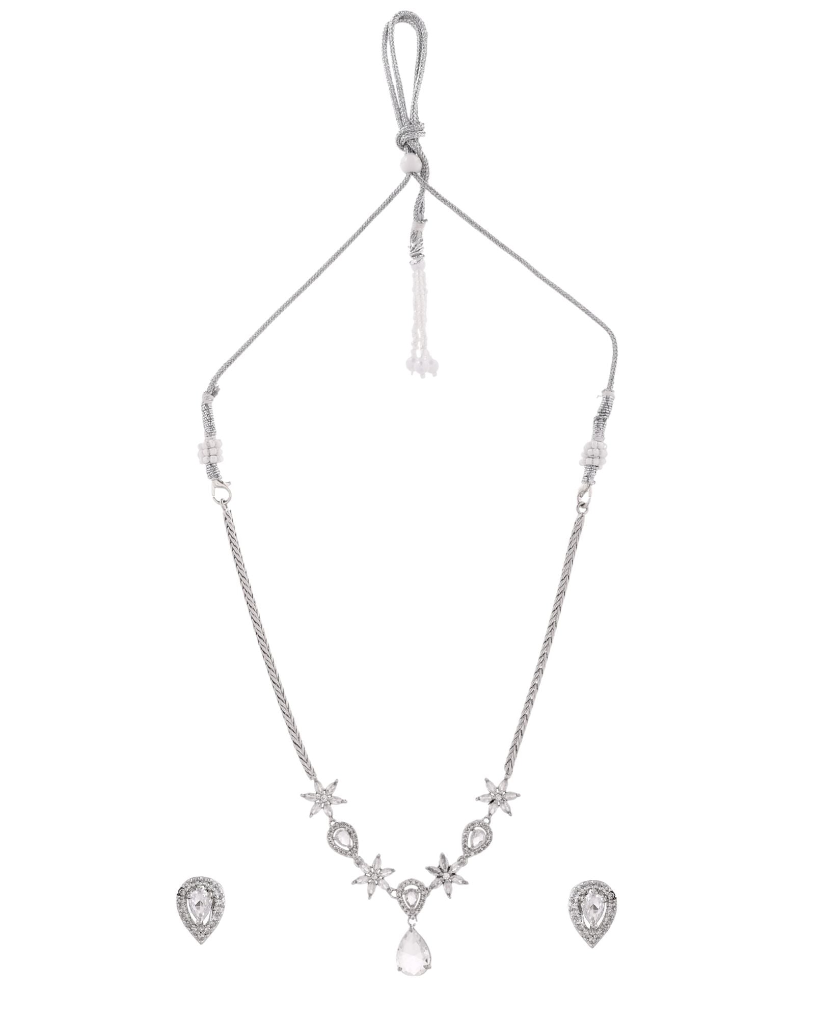 Jewels Nest Silver-Plated American Diamond (Ad) Floral Teardrop Necklace Set With Matching Stud Earrings - Distacart