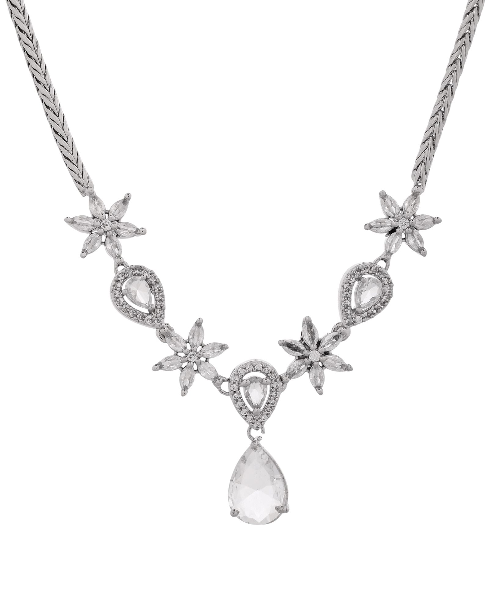 Jewels Nest Silver-Plated American Diamond (Ad) Floral Teardrop Necklace Set With Matching Stud Earrings - Distacart
