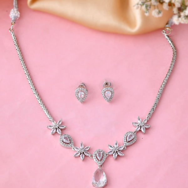 Jewels Nest Silver-Plated American Diamond (Ad) Floral Teardrop Necklace Set With Matching Stud Earrings - Distacart