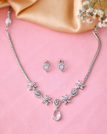 Jewels Nest Silver-Plated American Diamond (Ad) Floral Teardrop Necklace Set With Matching Stud Earrings - Distacart