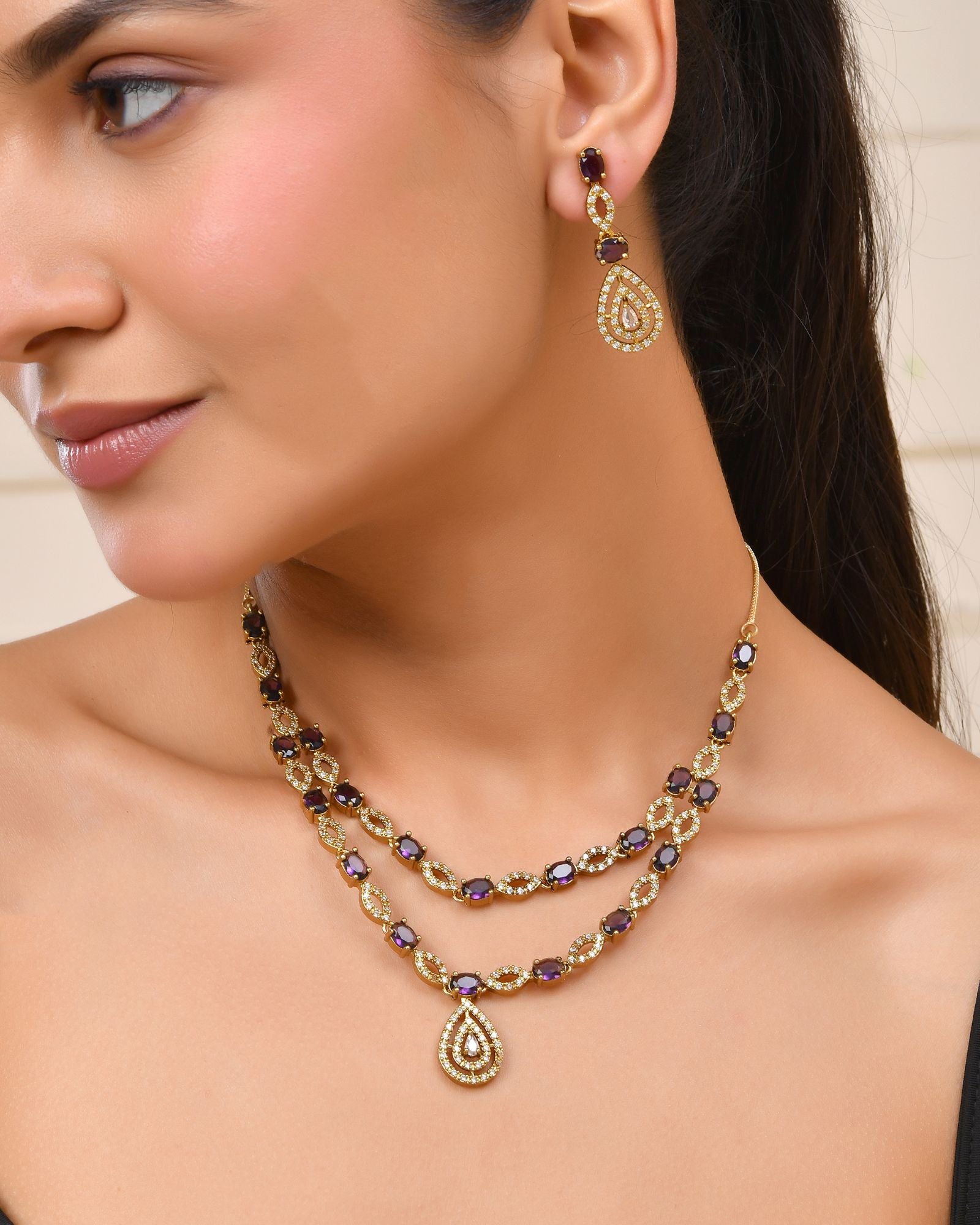 Jewels Nest Gold-Plated American Diamond (Ad) Purple Stone Teardrop Necklace Set With Matching Earrings - Distacart