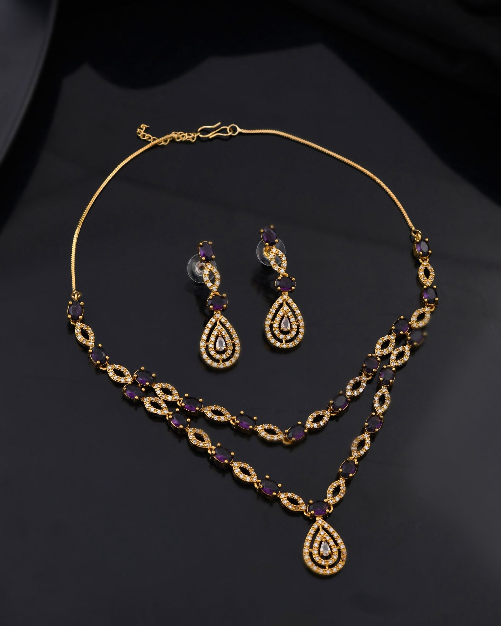 Jewels Nest Gold-Plated American Diamond (Ad) Purple Stone Teardrop Necklace Set With Matching Earrings - Distacart