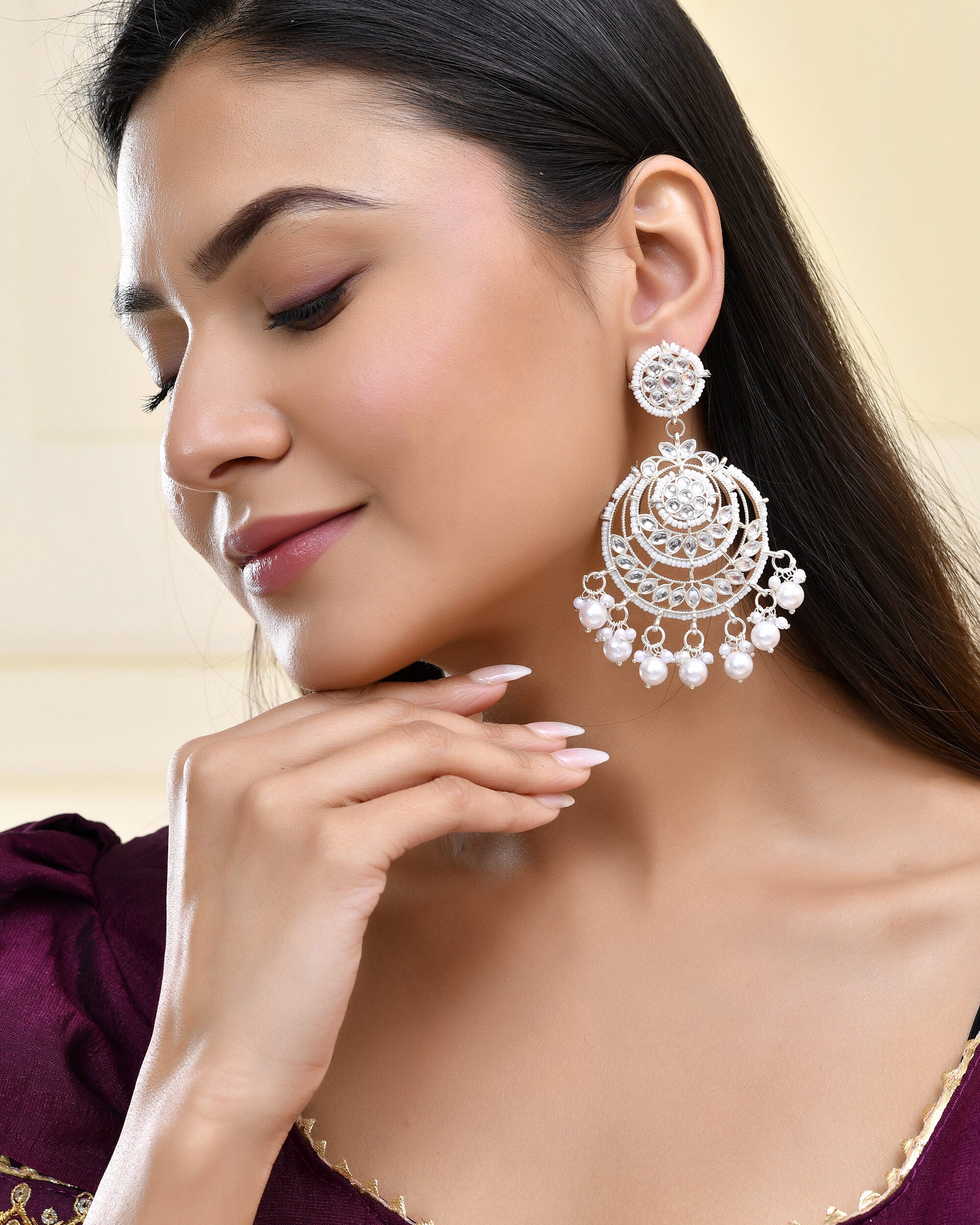 Jewels Nest Silver-Plated Grand Chandbali Earrings with Pearl and Kundan Work - Distacart