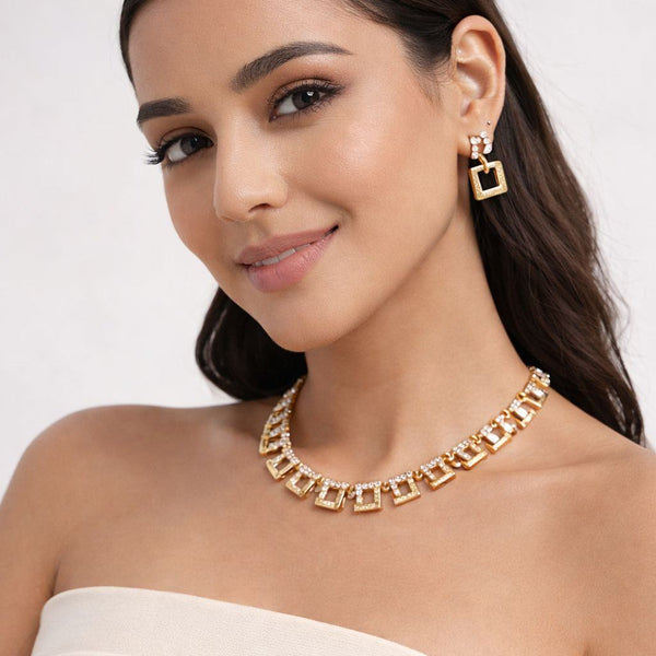 Jewels Nest Stylish Gold-Plated Geometric Cz Necklace Set With Matching Earrings For Women - Distacart