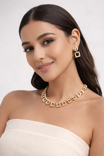 Jewels Nest Stylish Gold-Plated Geometric Cz Necklace Set With Matching Earrings For Women - Distacart
