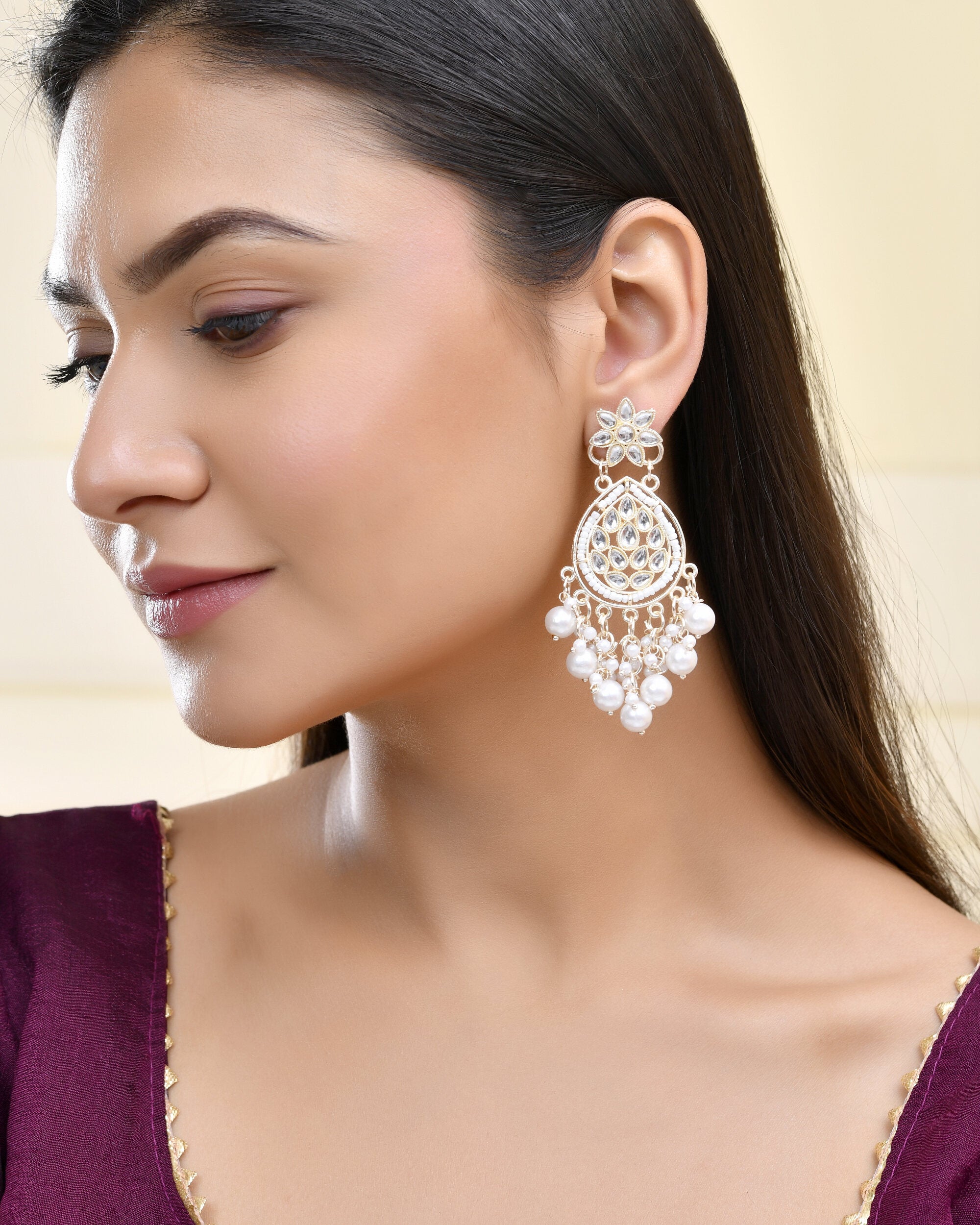 Jewels Nest Pearl-Embellished Kundan Teardrop Earrings with Floral Detailing - Distacart