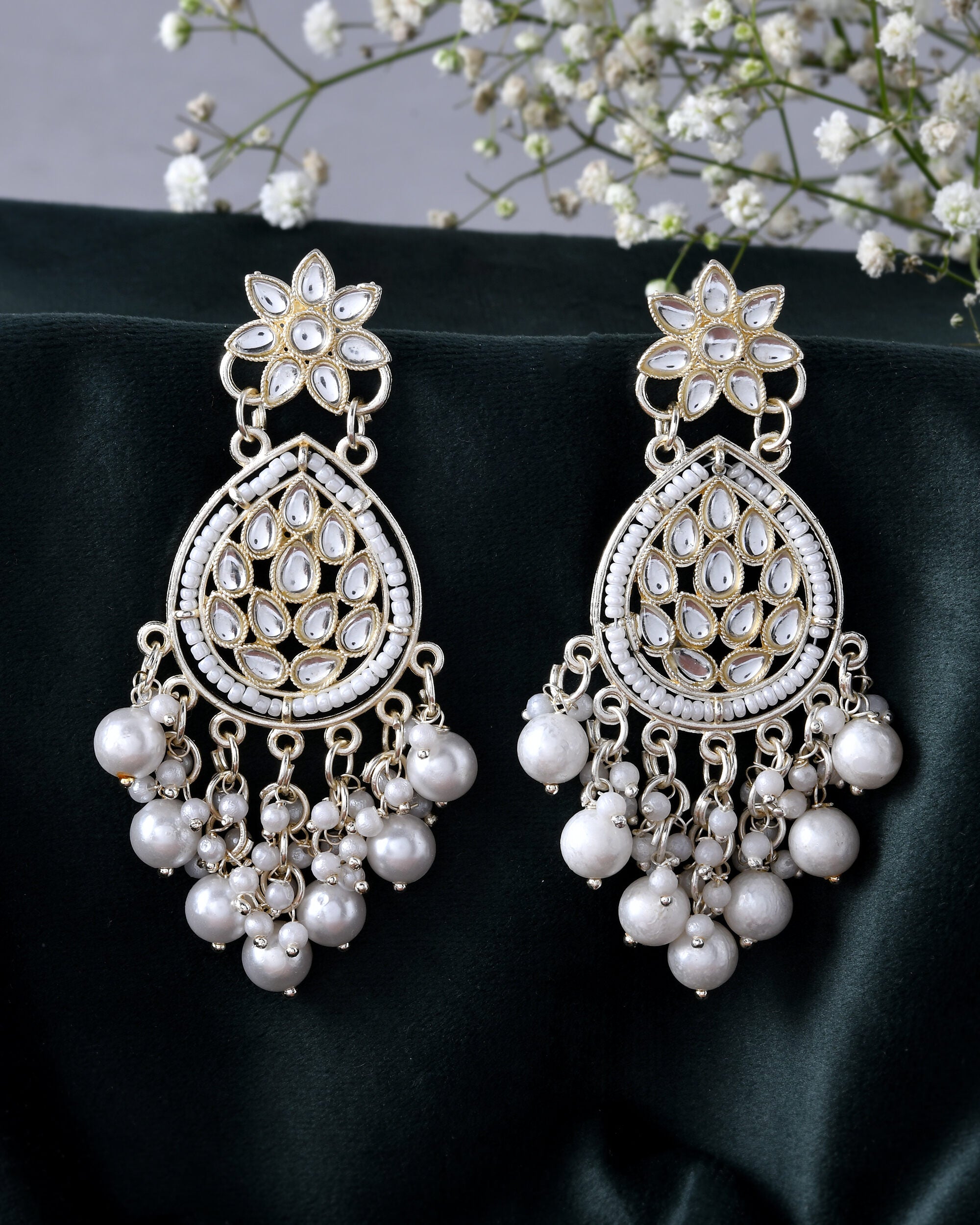 Jewels Nest Pearl-Embellished Kundan Teardrop Earrings with Floral Detailing - Distacart